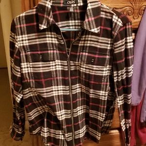 Zip up red, black and white flannel shirt